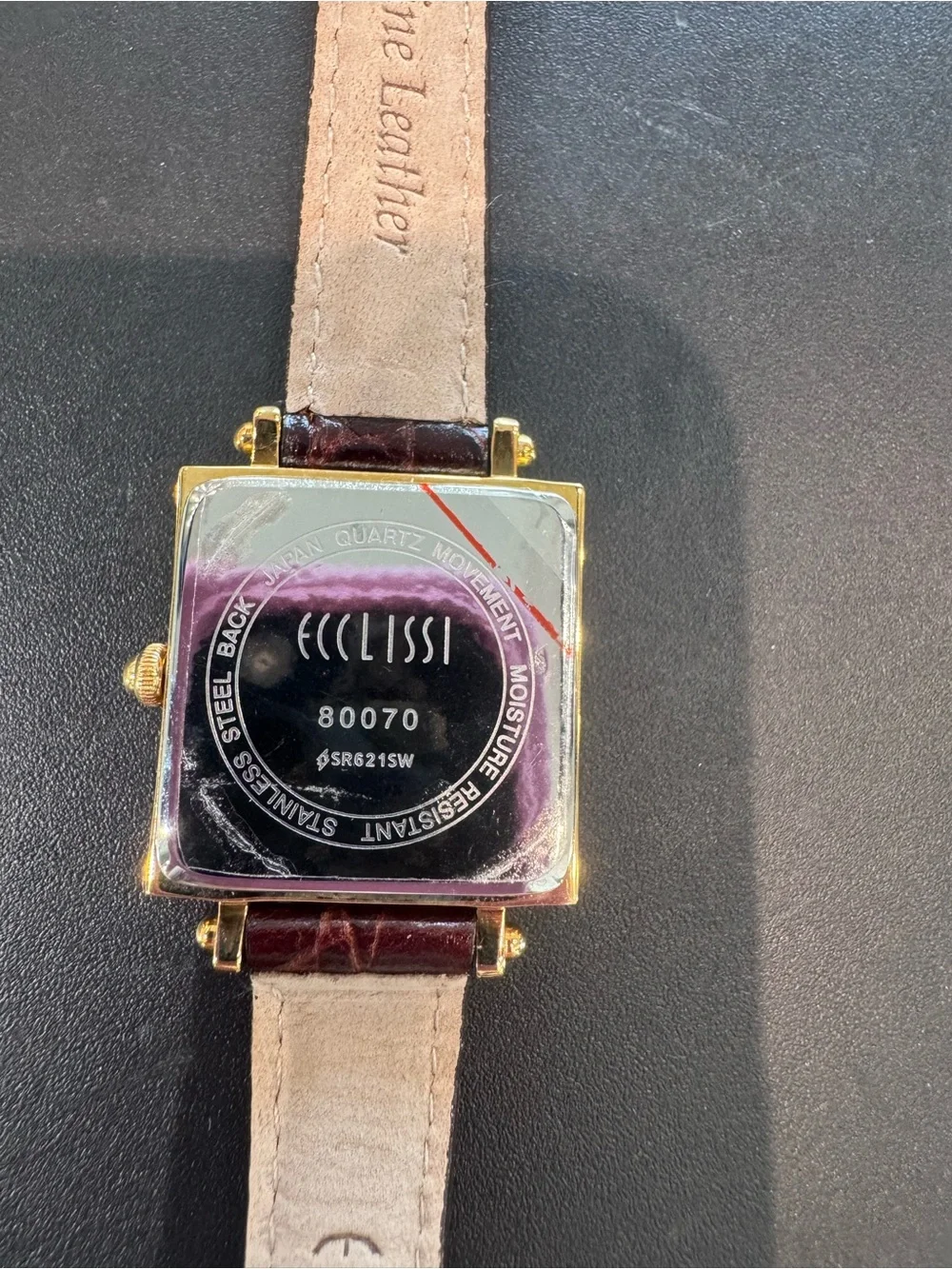 Ecclissi Gold Tone Square Watch with White Roman Dial & Brown Croc Leather Strap